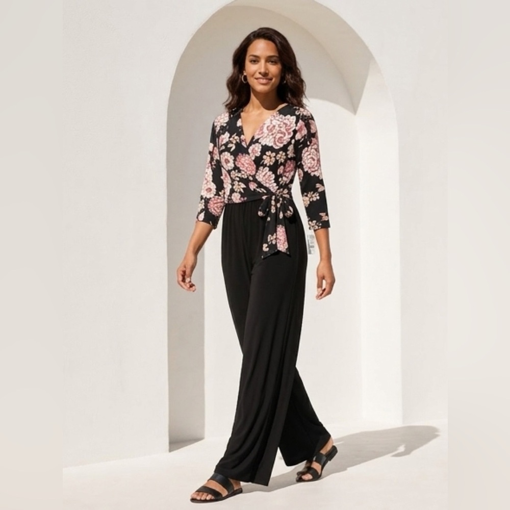 Dressbarn Black Jumpsuit with Red and White Floral Wrap Top